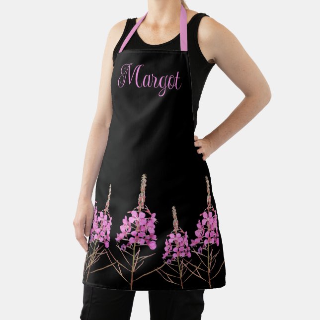 Customizable Margot name purple pink floral boho Apron (Insitu)