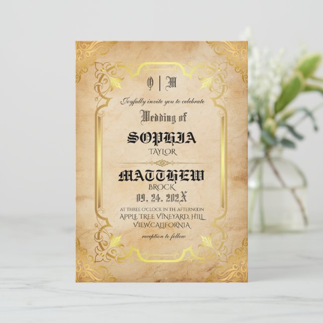 Customizable Medieval Gold Wedding Invitation (Standing Front)