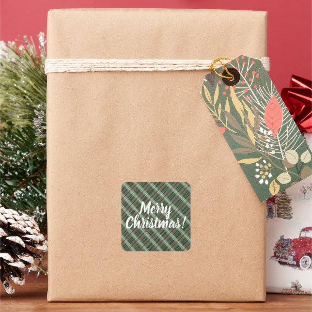 Customizable Merry Christmas Plaid Square Sticker (Holiday)