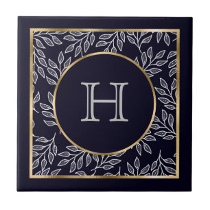 Customizable Monogram Navy Gold Ceramic Tile