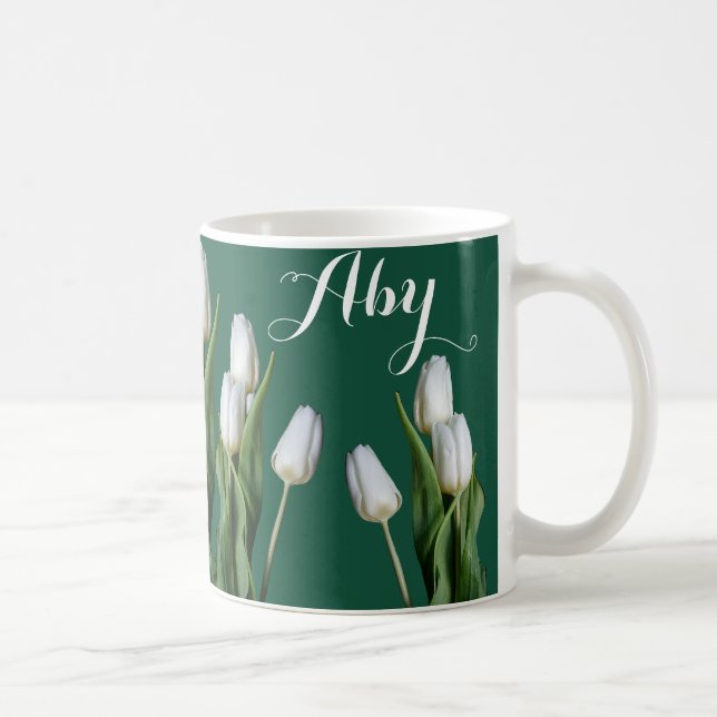 Customizable name Aby white tulip flowers green Coffee Mug (Right)