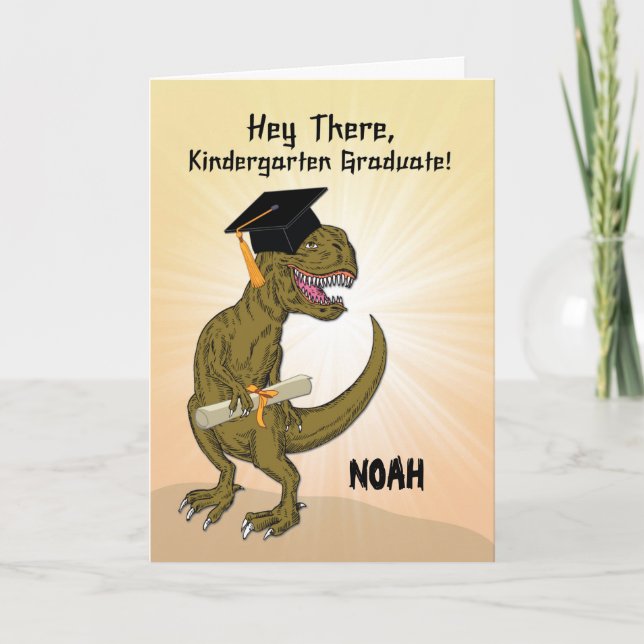 Customizable Name Kindergarten Graduation T-Rex Card (Front)
