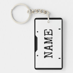 Customizable Name License Plate White Black Border Key Ring