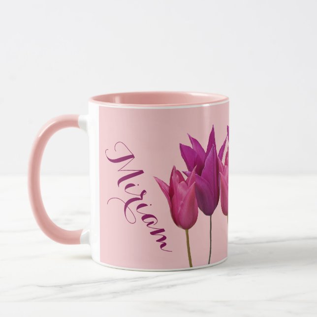 Customizable name Miriam pretty pink tulip floral Mug (Left)