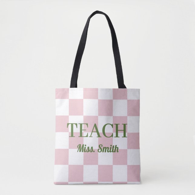 Customizable Name Teach Tote Cute Pink Checkered Bag (Front)
