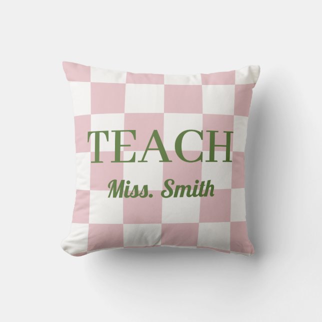 Customizable Name Teach Tote Cute Pink Checkered Cushion (Front)