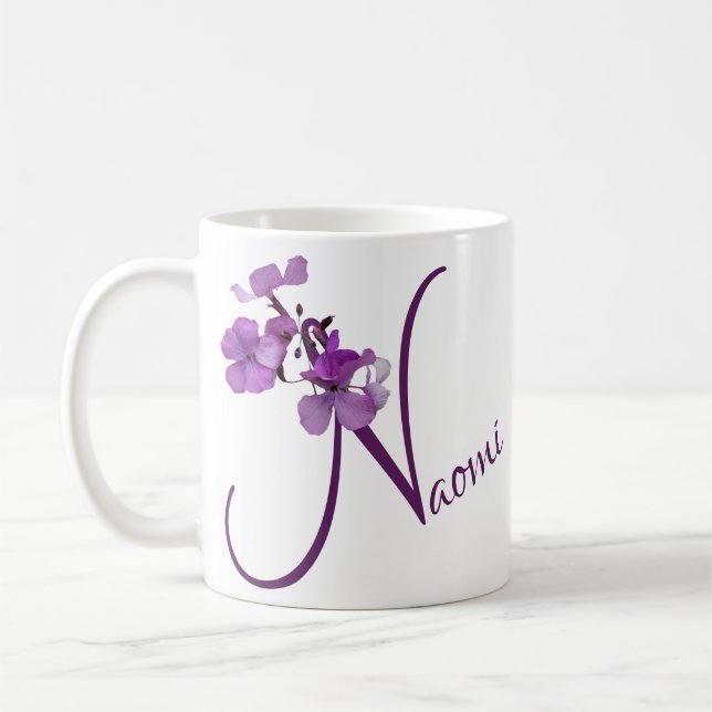 Customizable Naomi name pretty purple floral fun Coffee Mug (Left)
