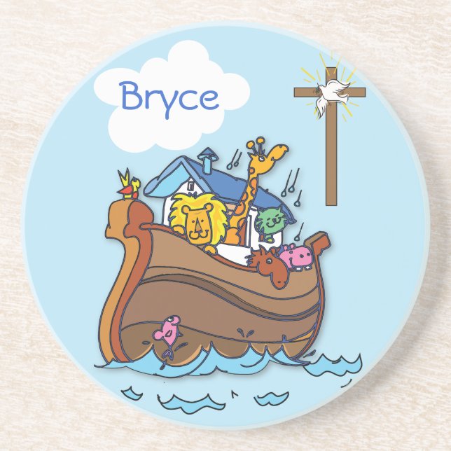Customizable Noah’s Ark Baby Baptism, Boy Blue Coaster (Front)