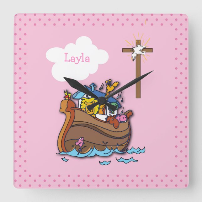 Customizable Noah’s Ark Baptism, Girl Pink Square Wall Clock (Front)