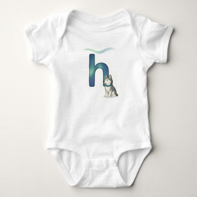 Customizable Northern Lights Letter H Husky Puppy Baby Bodysuit (Front)