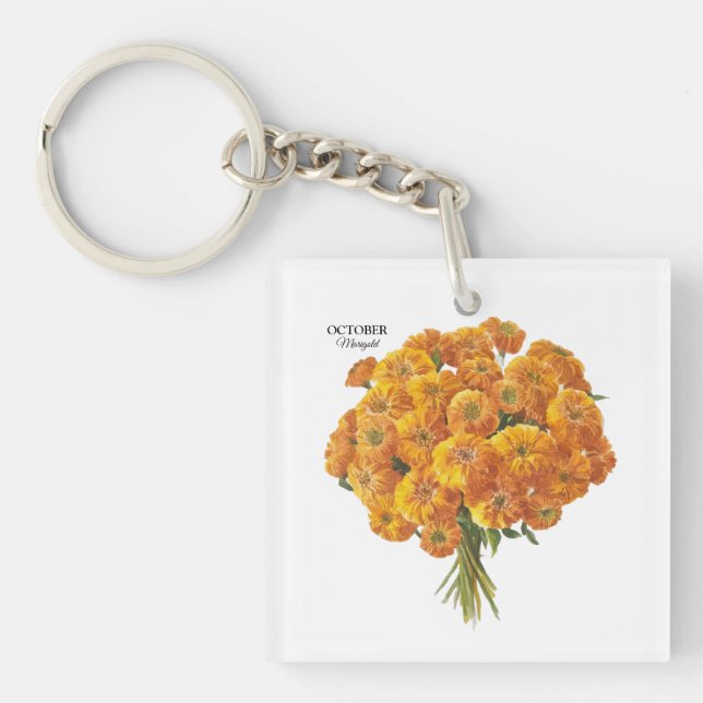 Customizable October Marigold Birthday Gift Key Ring (Front)