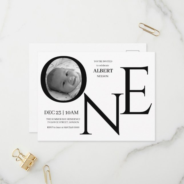 Customizable ONE First Birthday Photo Invitation Postcard (Front/Back In Situ)
