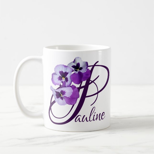 Customizable Paula name purple pansy floral boho  Coffee Mug (Left)