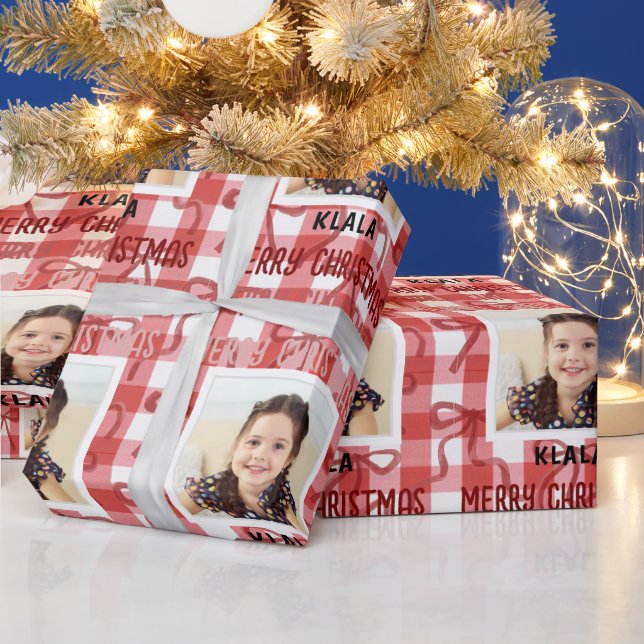 Customizable Photo & Name Christmas Check Ribbon Wrapping Paper (Holidays)