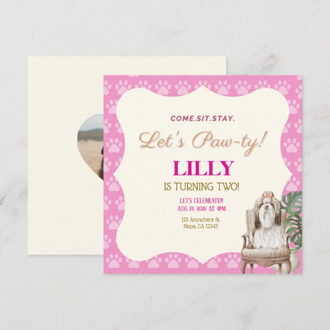 Customizable Pink Paw Dog Birthday Party  Invitation (Front/Back)