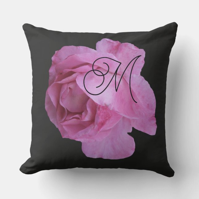 Customizable pink rose M monogram personal black Cushion (Front)