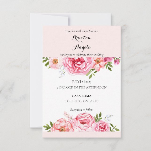 Customizable Pink Wedding Invitation with Flowers (Front)
