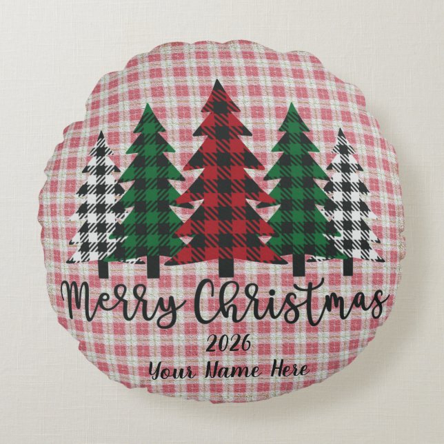 Customizable Plaid Merry Christmas Round Pillow (Front)