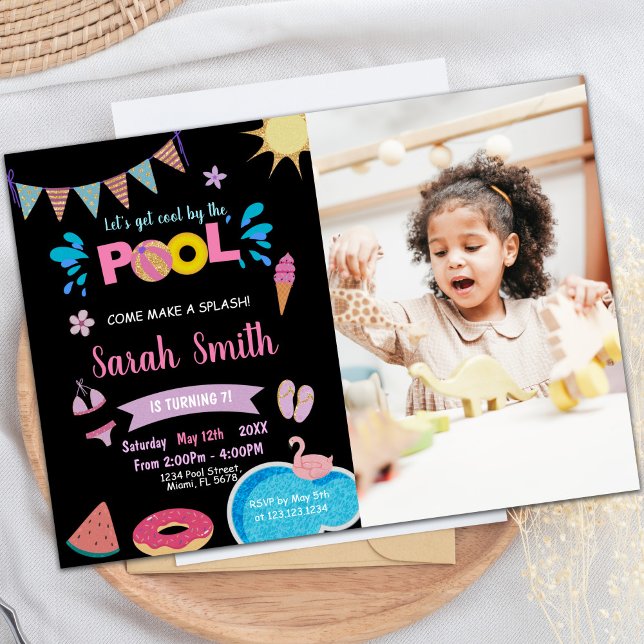 Customizable Pool Party Invitations for Kids (Black Blue Pool Birthday Invitations with photo)