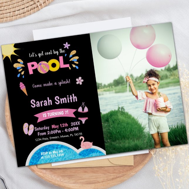 Customizable Pool Party Invitations for Kids (Purple Black Pool Birthday Invitations with photo)