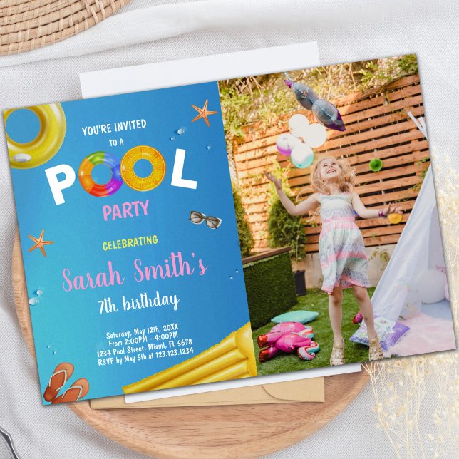 Customizable Pool Party Invitations for Kids (Yellow Blue Pool Birthday Invitations with photo)