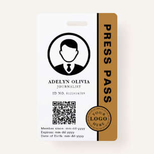 Customizable Press Pass with Photo ID & QR Code ID Badge