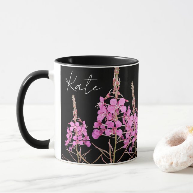 Customizable pretty pink floral boho Kate name  Mug (With Donut)