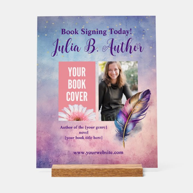 Customizable Purple Feather Book Signing Event Sig Acrylic Sign (Front)