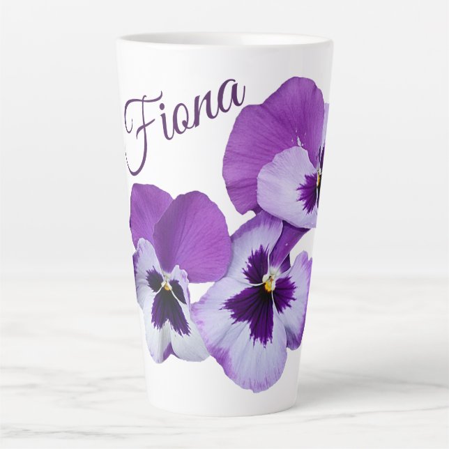 Customizable purple pansy flowers name Fiona fun Latte Mug (Front)