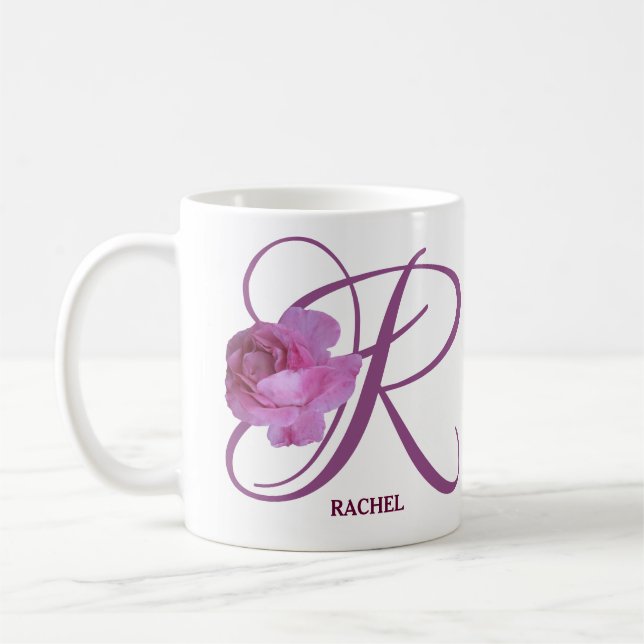 Customizable Rachel name monogram pink rose floral Coffee Mug (Left)