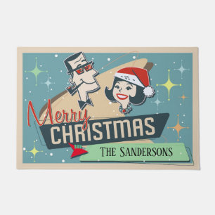 Customizable Retro Couple Merry Christmas Holiday Doormat