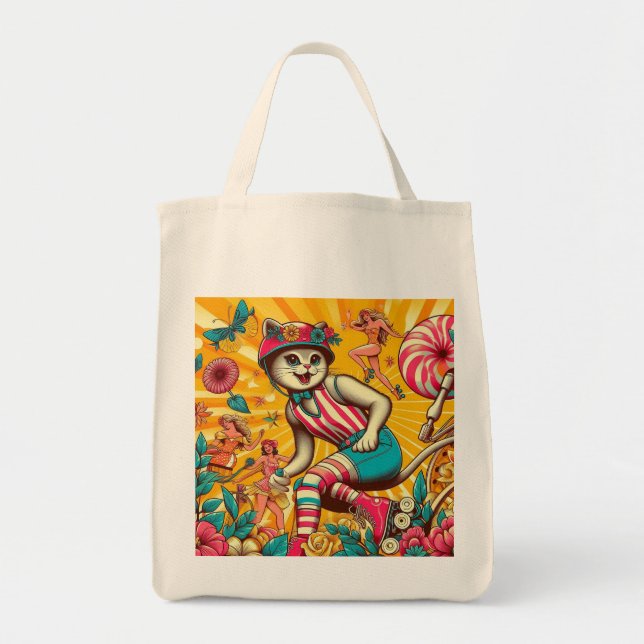 Customizable Retro Roller Skater Cat Tote Bag (Front)