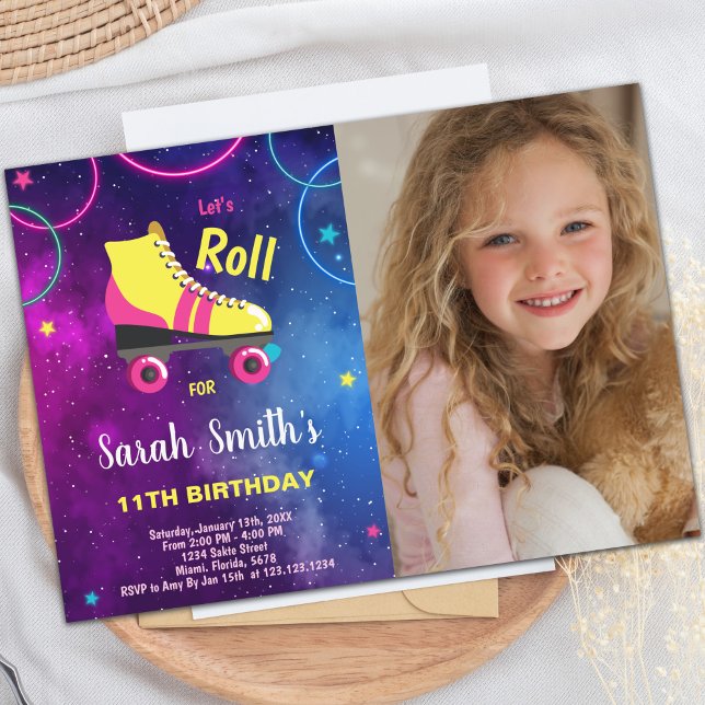 Customizable Skating Party Invitations for Kids (Purple Pink Roller skating invitations w photo)