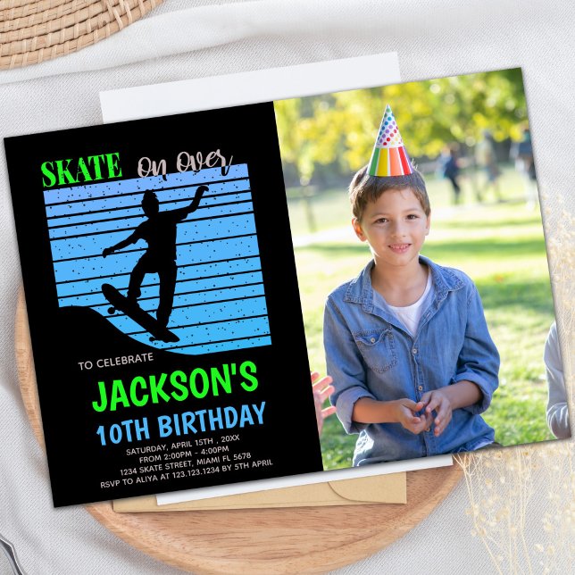 Customizable Skating Party Invitations for Kids (Green Blue Skateboards Birthday Invitations)