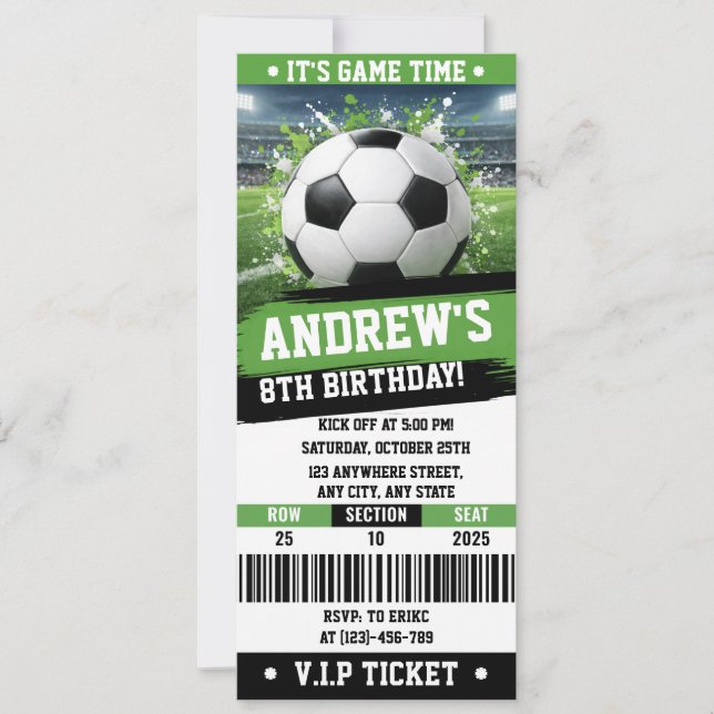 Customizable Soccer Printable Ticket Birthday Invitation (Front)