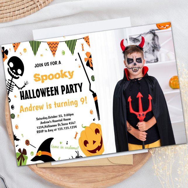 Customizable Spooky Party Invitations for Kids (Orange Halloween Birthday Invitations with photo)