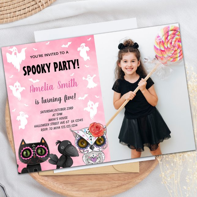 Customizable Spooky Party Invitations for Kids (Black Cat Halloween Birthday Invitations w photo)