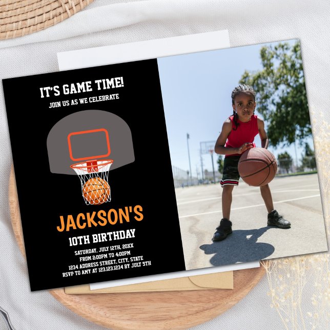 Customizable Sports Party Invitations for Kids (Black Orange Basketball Invitations with photo)
