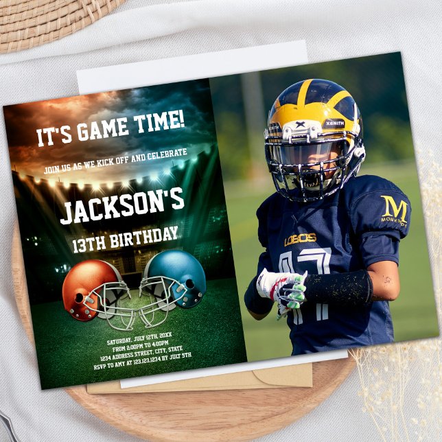 Customizable Sports Party Invitations for Kids (Blue vs Red Football Invitations with photo)