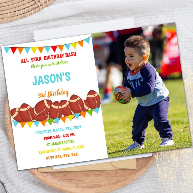 Customizable Sports Party Invitations for Kids (Flags White Football Birthday Invitations w photo)