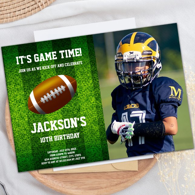 Customizable Sports Party Invitations for Kids (Grass Football Birthday Invitations with photo)