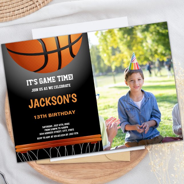 Customizable Sports Party Invitations for Kids (Black Orange Basketball Birthday Invitations photo)