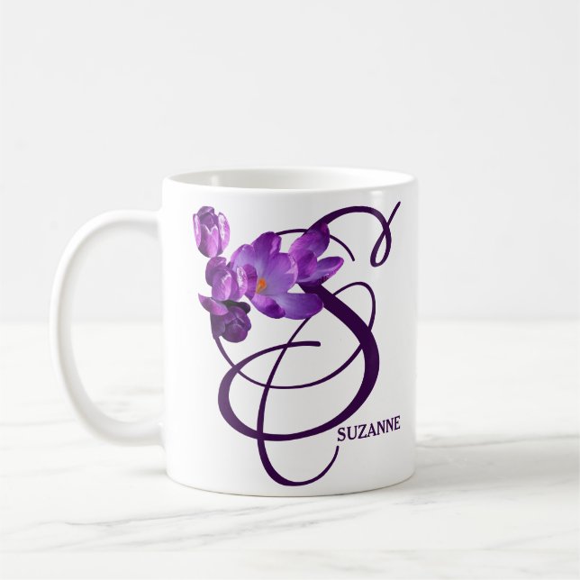 Customizable Suzanne name purple flowers monogram  Coffee Mug (Left)