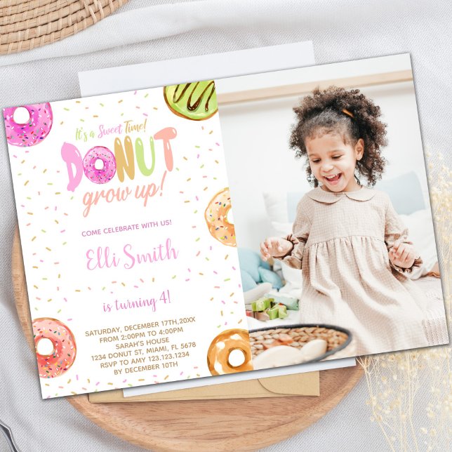 Customizable Sweet Party Invitations for Kids (Pastel Pink Donut Birthday Invitations with photo)