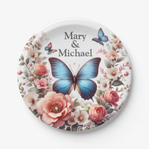 Customizable Text Blue Butterfly Floral Art-96279 Paper Plate