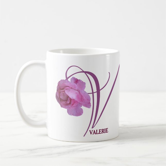 Customizable Valerie name pretty pink rose floral Coffee Mug (Left)