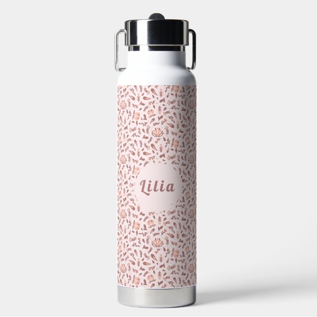 Customizable Water Bottle, Pink Floral Design Water Bottle (Front)