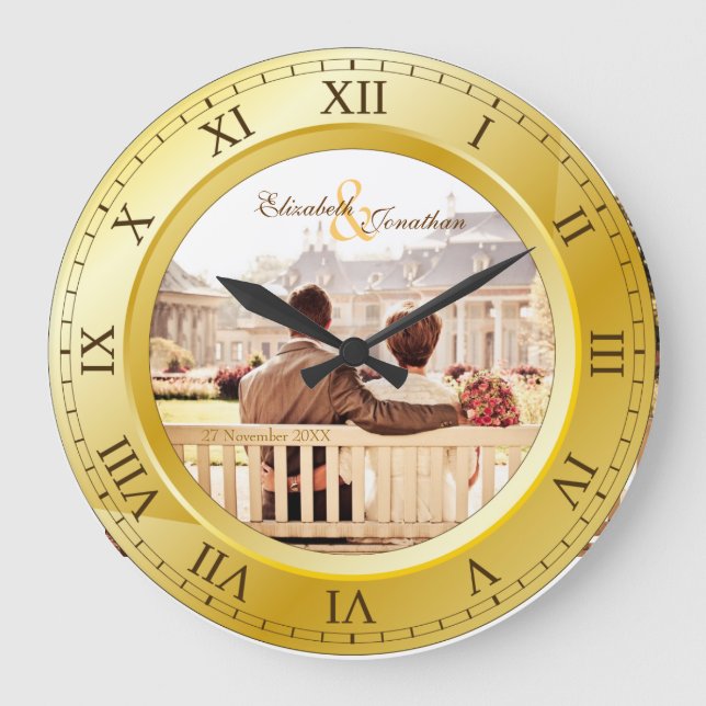 Customizable Wedding Anniversary Gold Roman Photo Large Clock (Front)