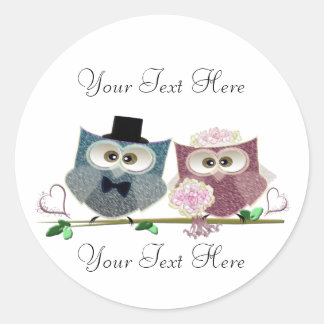 Customizable Wedding Owls Art Classic Round Sticker