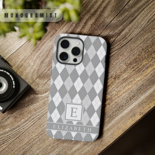 Customizable White Light Dark Grey Argyle Pattern iPhone 15 Pro Max Case